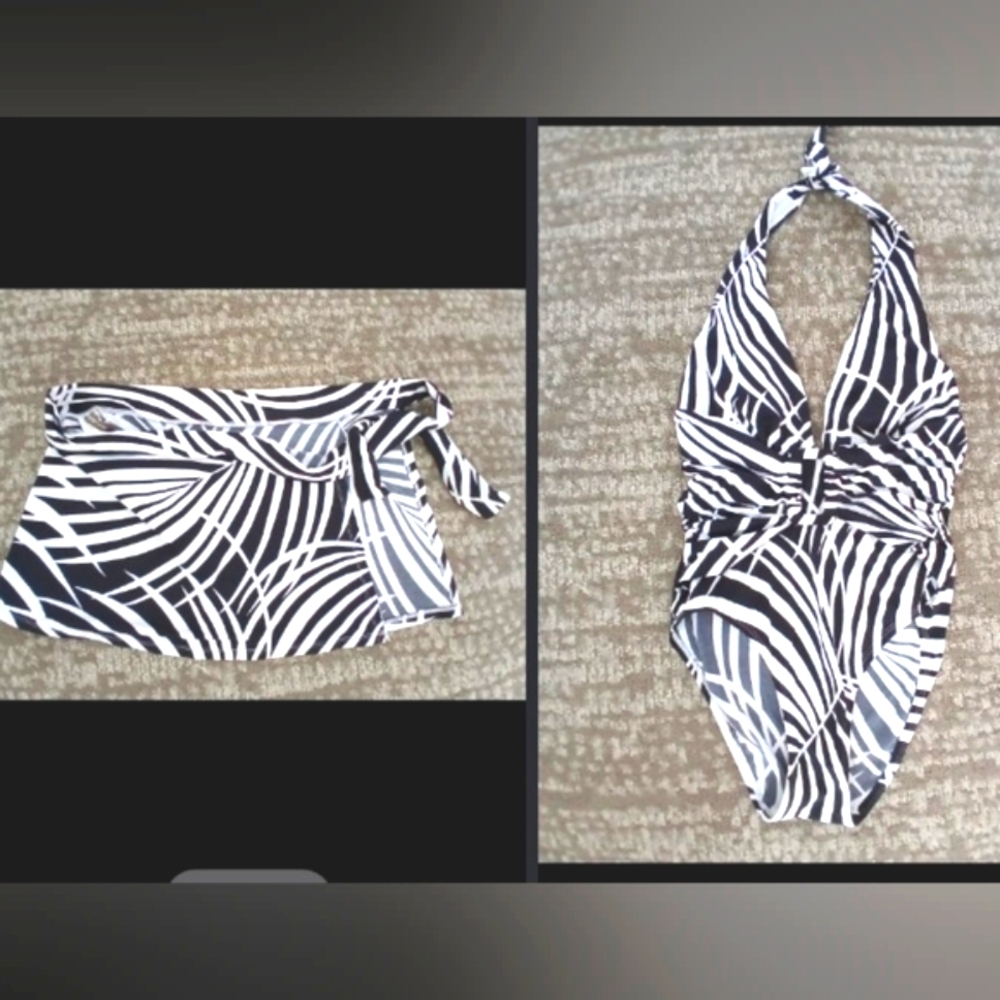 Black and White Halter Swimsuit W/ Wrap
